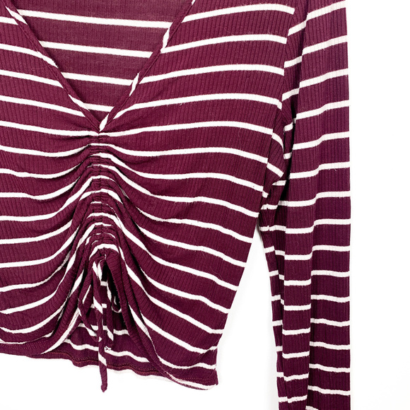 Eclipse Long Sleeve Burgundy & White Striped Ruched Front - Picture 6 of 10
